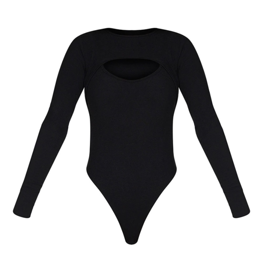 Black Rib Arm Warmer Cut Out Detail Bodysuit